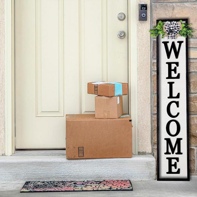3D Outdoor Welcome Sign for Front Porch Standing 45"X9" Large Rustic Farmhouse Leaner Tall Vertical Soild Wooden Framed Plaque Modren Beautiful Outside Home Front Door Decorations (Black)