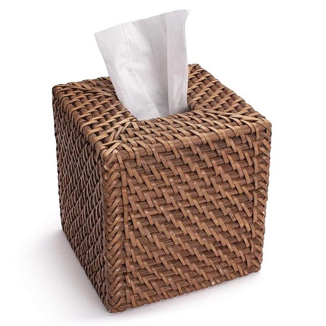 YANGQIHOME Square Rattan Tissue Box Cover, Hand Woven Wicker Tissue Holder, 5.7 x 5.7X 5.7 inches, Honey Brown