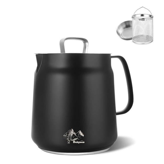 Bakpoco 2L Stainless Steel Oil Strainer Pot, Bacon Grease Container with Strainer & Deep Fryer Basket, Mini Frying Pot with Lid Oil Saver for Kitchen 2 in 1 Oil Filter Pot, Camping Style Black