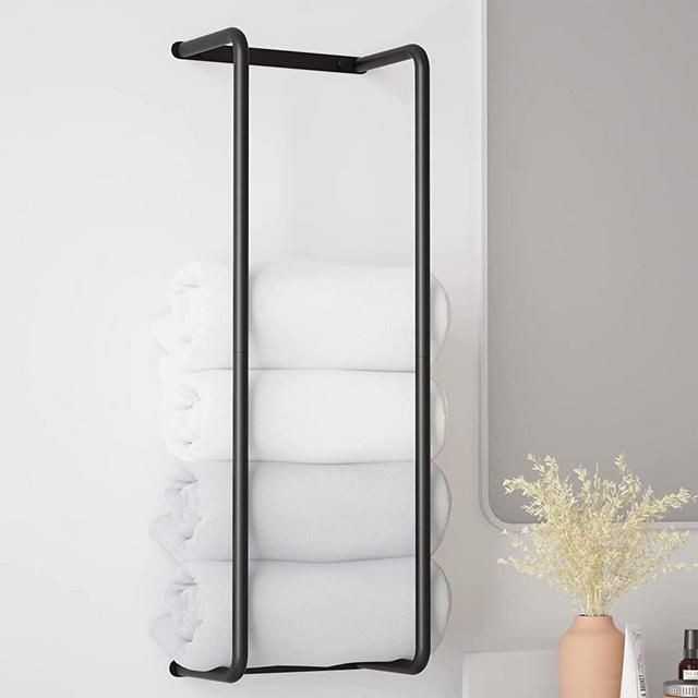 Towel Rack for Bathroom, Wall Mounted Stainless Steel Bathroom Organizer, Bath Towel Holder Wall Towel Rack for Rolled Towels, for Modern Small Space Bathroom Towel Storage - Black