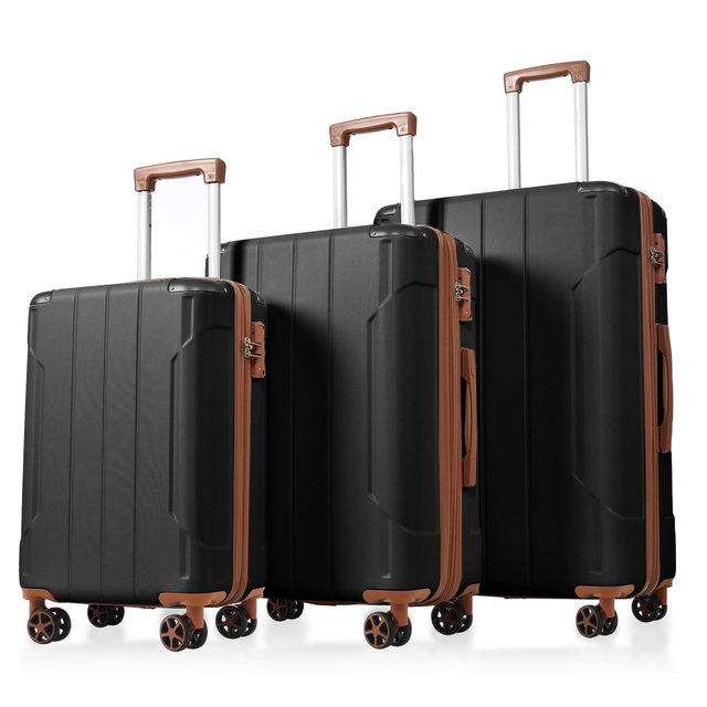 3pc Luggage Sets, Hardside Spinner Lightweight Suitcase 20''/24''/28'', Black+Brown -ModernLuxe