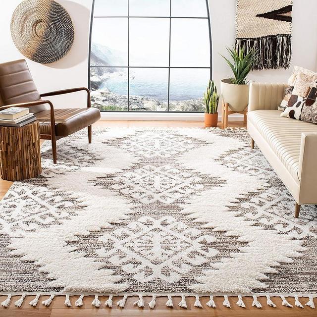 SAFAVIEH Moroccan Tassel Shag Collection Area Rug - 8' x 10', Ivory & Brown, Boho Design, Non-Shedding & Easy Care, 2-inch Thick Ideal for High Traffic Areas in Living Room, Bedroom (MTS652A)