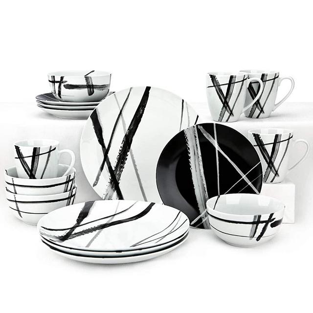 ZYAN 16 Piece Stoneware Dinnerware Set include Plates, Dishes, Bowls and Mugs, Black White Metro Series Round Dinner Plate Set for 4