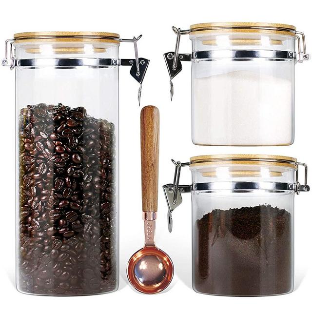 Borosilicate Glass Storage Jars with Airtight Locking Clamp Lids Urban Green, Airtight Glass Canister Set Coffee Set of 3 + Spoon (50oz, 24oz, 18oz), Glass Storage Containers with Bamboo Lid,