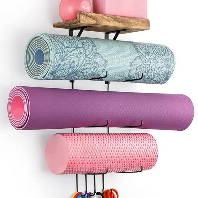 Yoga Mat Holder Accessories Wall Mount Organizer Storage Decor Foam Roller and Towel Storage Rack with 4 Hooks and Wooden Shelves Yoga Mats Rack Resistance Bands for Home Gym School Office