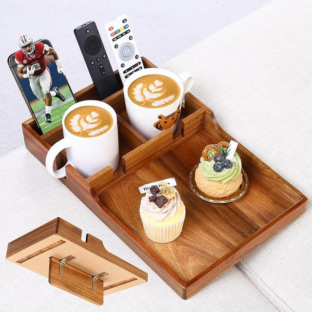 Acanacle Couch Insert Tray for Middle Seat, Acacia Wood Couch Table with 2 Cup Holders, Fits Armless Sofa & Sectionals, Fold-Flat Tray for Drinks, Snacks & Remotes