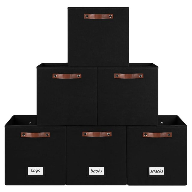 FinishingBo 6-Pack Collapsible Fabric Storage Cubes with Handles & Label Holders, Closet Cube Home Organizer Bins (Black, 13 x 13 x 13 inch)