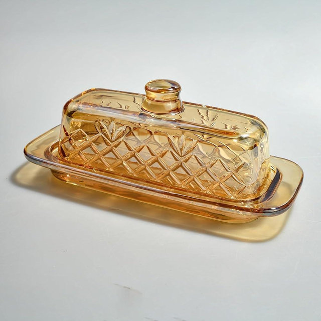 Champagne-Colored Glass Butter Dish with Lid, Covered Crystal Butter Stick Holder Tray for Countertop Refrigerator