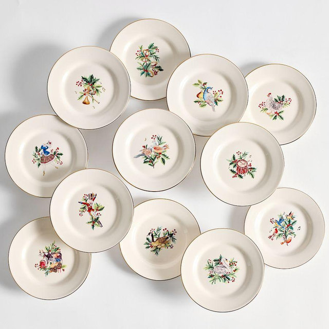 12 Days of Christmas Stoneware Appetizer Plates, Set of 12 - Green