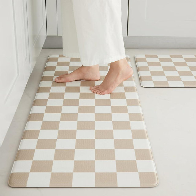 Ohocut Beige Khaki Checkered Kitchen Mats for Floor Set of 2, 2 Pcs Cushioned Non Slip Runner Rugs for Kitchen/Sink/Laundry, Comfort Aesthetic Cute Anti-Fatigue Foam Floor Mat 17.3"x29.5"+17.3"x47.2"