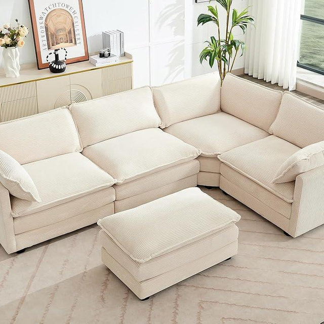 ROWHY 113'' Modular Sectional Cloud Couch, 5 Seater Corner Sofa Big Comfy Corduroy Oversized L Shaped Couch with 2 Pillows, Chaise, Ottoman, Deep Seat Sectional Couches for Living Room Office, Beige
