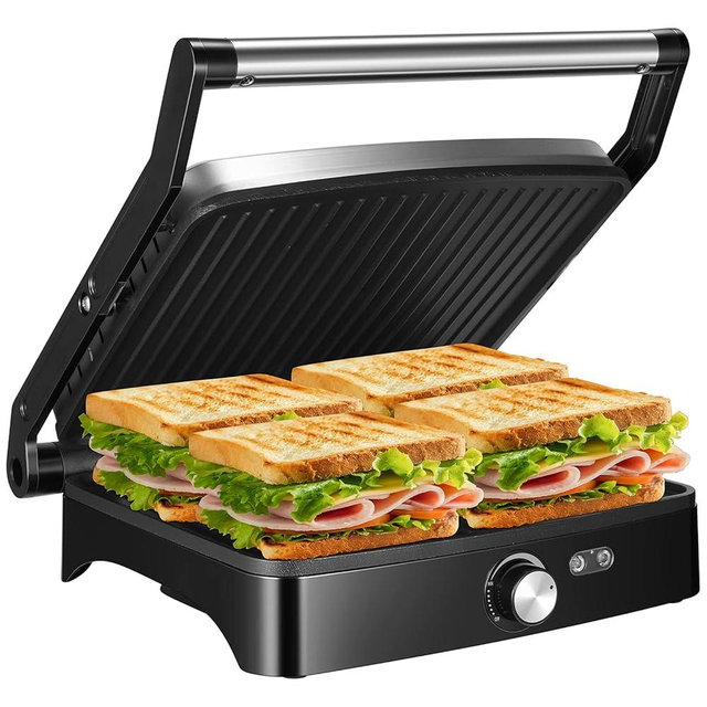 OSTBA Panini Press Grill with Adjustable Temperature,4-Slice Indoor Grill, 180° Open Sandwich Maker with Drip Tray, Non-Stick Plates, Stainless Steel, 1200W