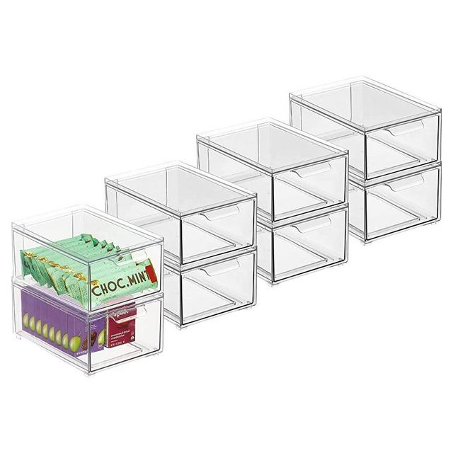 mDesign Stackable Storage Containers Box with Pull-Out Drawer - Stacking Plastic Drawers Bins for Kitchen Pantry and Cupboard, Cabinet, Counter, Island and Tables - Lumiere Collection - 8 Pack - Clear