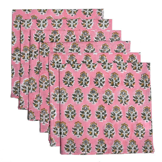 CPC Cloth Napkins Set of 6 Cotton Printed Dinner Block Print Napkins I Wedding Cocktail Cloth Floral Napkins I 18x18 in I Poppy Pink