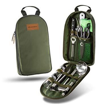 Wealers Camp Kitchen Utensil Organizer Travel Set Portable BBQ Camping Cookware Utensils Travel Kit Water Resistant Case|Cutting Board|Rice Paddle|Tongs|Scissors|Knife and Bottle Opener