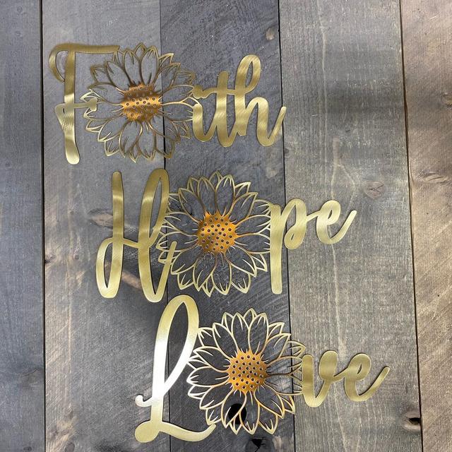 Faith Hope Love Sunflower Metal wall art, sunflower home decor, she shed decor, sunflower accent, faith metal wall hanging