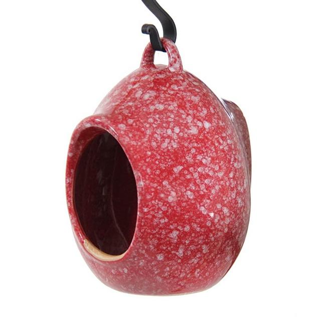 Byer of Maine Egg Fly Through Bird Feeder for Outside , Easy to Refill , High Fired Porcelain Stoneware with Glossy Glaze, 2lbs, Mottled Red, 8”x6”x7”