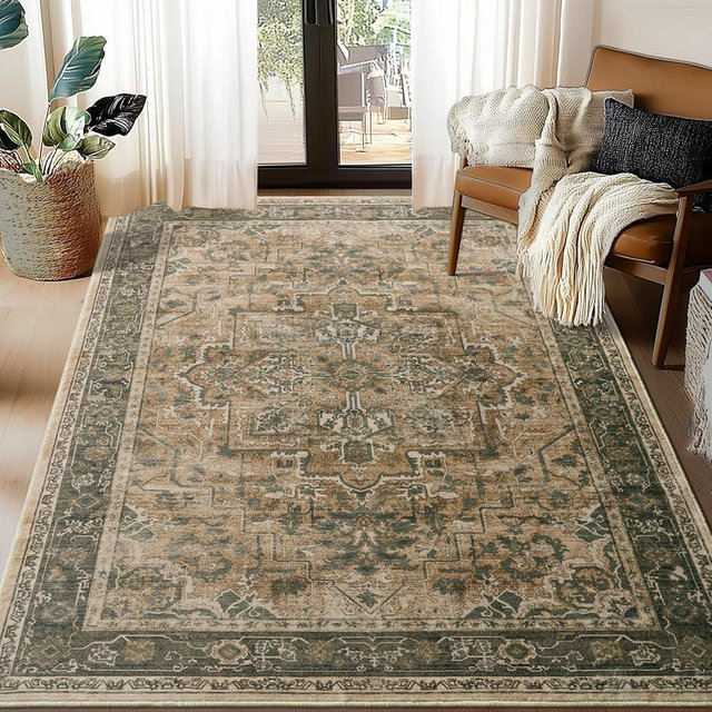 Jainmy Vintage Distressed 5x7 Area Rugs for Living Room Bedroom Non Slip Washable, Medallion Pattern Printed Low Pile Thin Carpet Rugs for Dining Room/Kitchen/Home Office, Multi Brown/Olive Accents