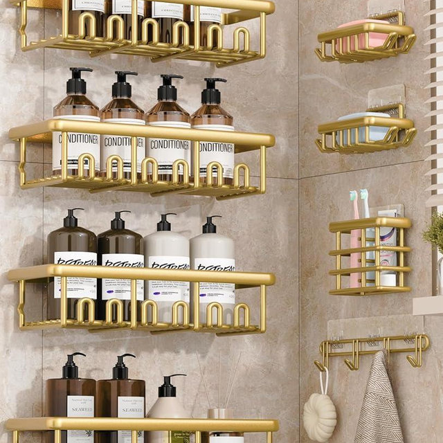 Zeawec 8 Pack Adhesive Rustproof Shower Caddy with Soap Dishes, Toothbrush Holder & Hooks, Large Capacity No-Drilling Shower Shelves Rack for Bathroom Organizers and Storage Accessories, Gold