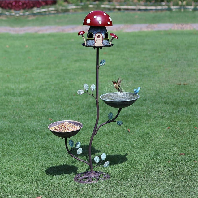 MNRYLKB 38" H Cast Iron Pedestal Bird Bath, BirdBaths for Outdoors with Metal Birdhouse Birdfeeder 3-in-1, Garden Yard Lawn Decor
