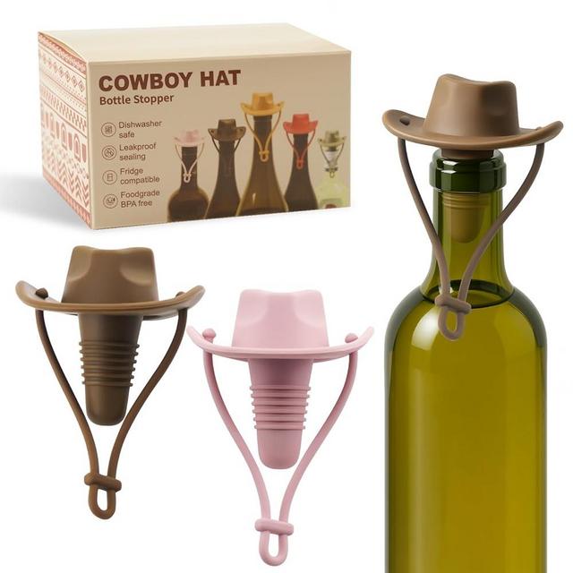 2 Pack Cowboy Hat Wine Stopper, Silicone Wine Stoppers for Wine Bottles, Funny Gifts for Men and Women (Coffee & Pink)