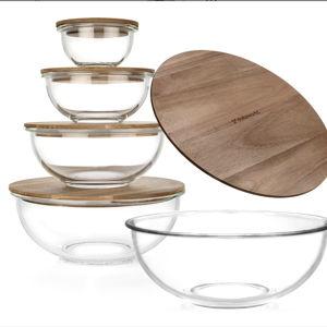 Set of 5 Nesting Glass Bowls with New Updated Acacia Lids for Foodprep, Storage, Mixing & Cooking - Microwave & Oven-ready BPA Free Durable Heat Resistant Inert Borosilicate Glass