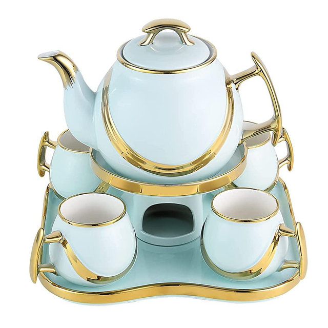 Porcelain Ceramic Tea Gift Sets-Teapot And Cup set Tea Service 6 Pcs With Teapot Warmer（Water Blue）