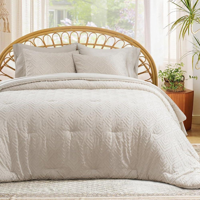 EVERGRACE Boho Comforter Set King Size 7 Piece Bed in a Bag, Shabby Chic Tufted Comforter Set with Sheets, Diamond Embroidery Bedding Set, All Season Soft Microfiber Complete Bed Set, Beige