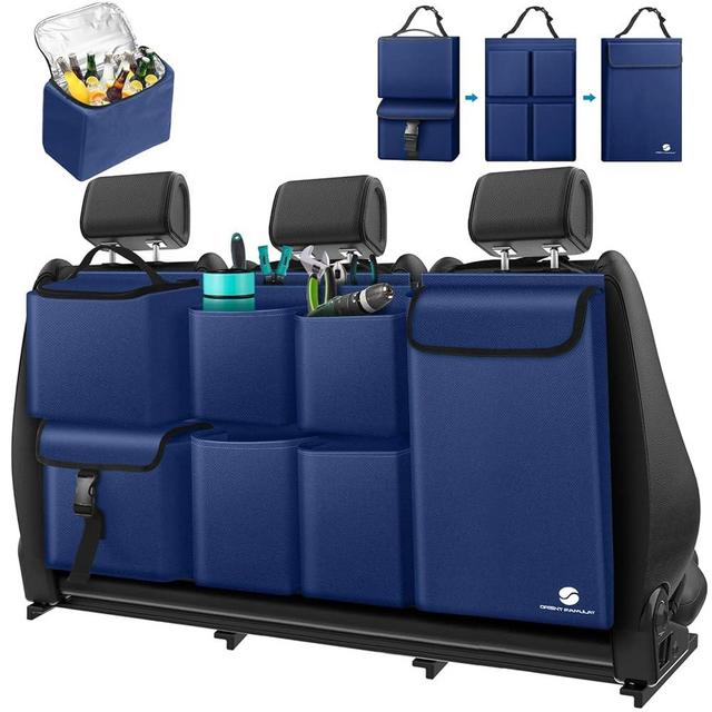 Car Trunk Organizer with Cooler, Hanging Car Organizers and Storage with Large Pockets, Zippers Detachable Seat Back Organizers Storage, Waterproof Car Storage Trunk Organizer for Jeeps, SUVs, Blue