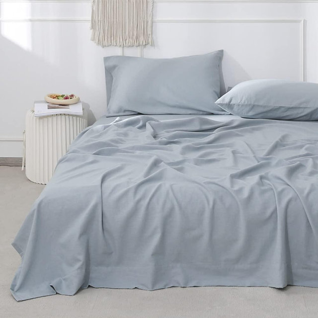 Simple&Opulence Belgian Linen Sheet Set Solid Color - 4 Pieces (1 Flat Sheet, 1 Fitted Sheet & 2 Pillowcases) Natural Flax Cotton Blend Soft Breathable Farmhouse Bedding - Full Size, Dusty Blue