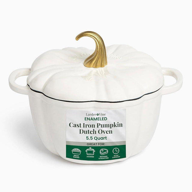 Larder & Vine Enameled Cast Iron Pumpkin Dutch Oven | 5.5 qt Pot with Lid | Stovetop & Oven Safe to 500F | White Pumpkin Cocotte | Dual Handles