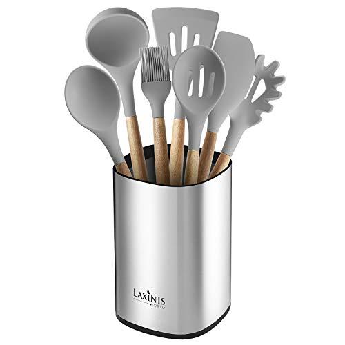 Stainless Steel Kitchen Utensil Holder, Kitchen Caddy, Large Utensil Organizer, Modern Rectangular Design, 6.1” by 5” Utensils Crock