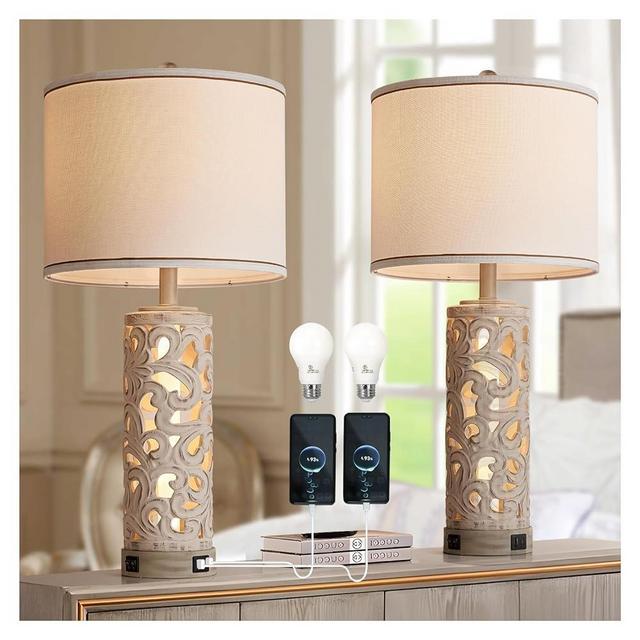 AIDENOEY Set of 2 Table Lamps with Night Light, 28" Farmhouse Table Lamp with USB A+C Ports,White Ceramic Bedside Lamp with Fabric Shade for Living Room,Bedroom,Home,Office(2 Bulbs Included)