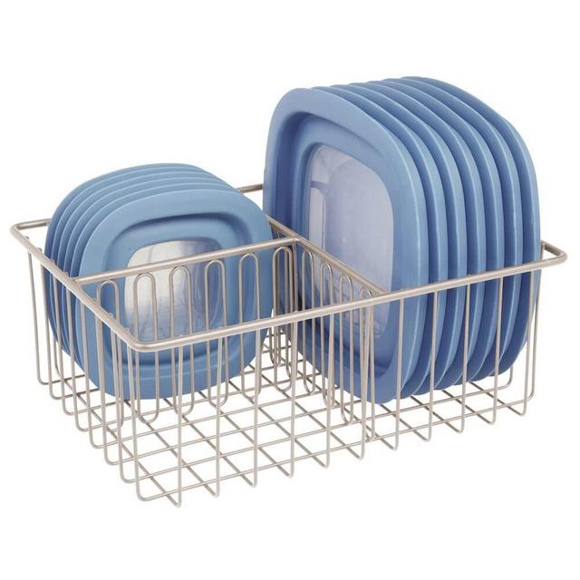 mDesign Metal Kitchen Food Storage Container Lid Holder, 3-Compartment Organizer Bin for Organization in Kitchen Cabinets, Cupboards, Pantry Shelves, Drawers - Satin