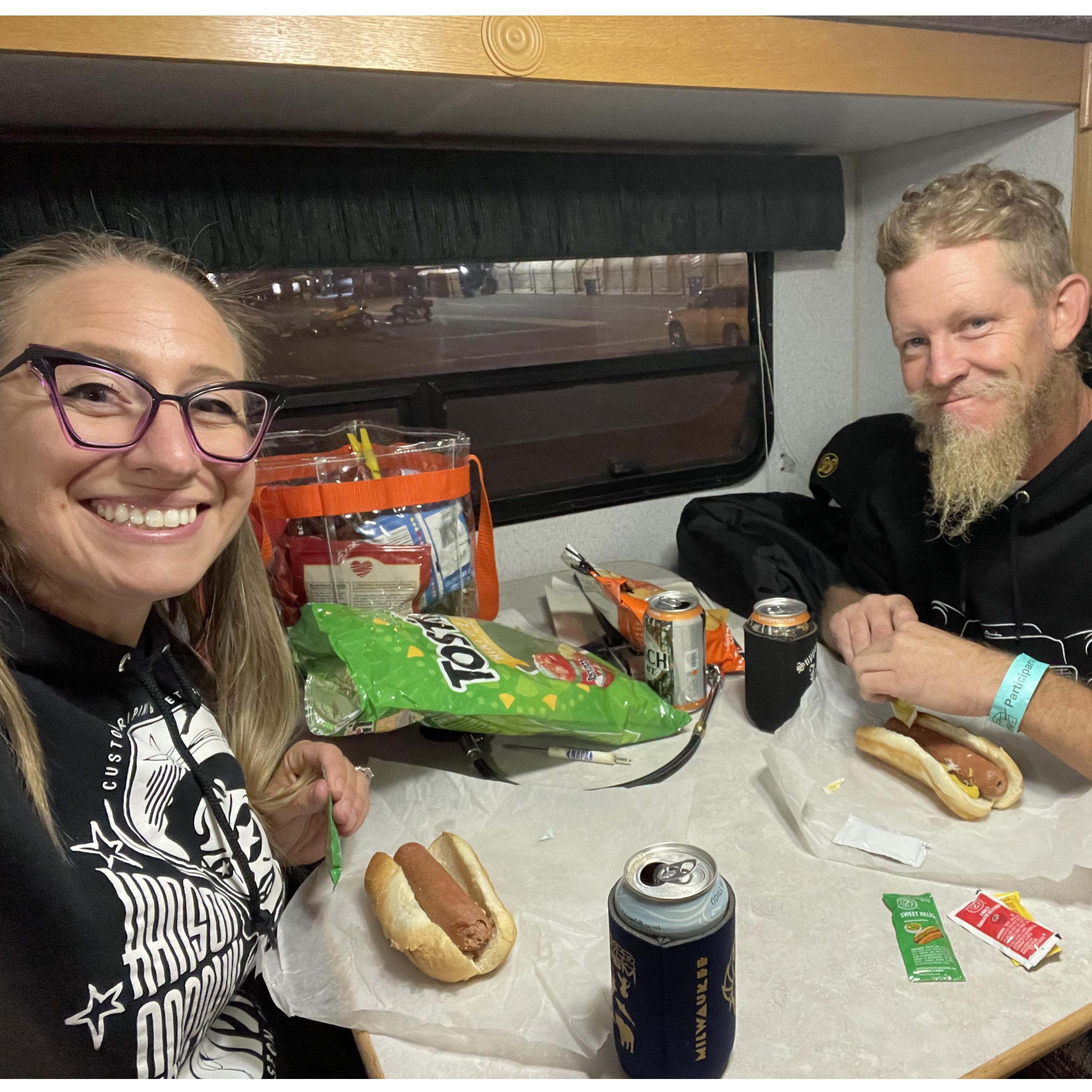 In the camper between laps at Bandimere's Test 'n' Tune night, 2022