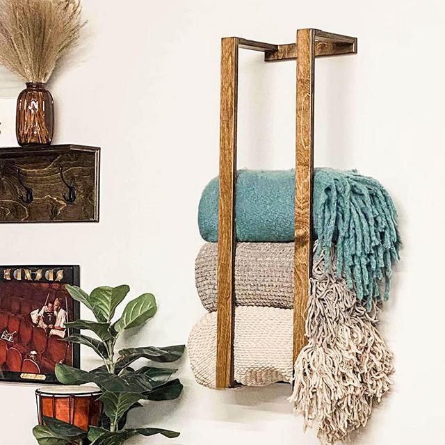 28'' Blanket Wall Rack, Solid Acacia Wood, Handmade Blanket Holder for Room Wall Mounted, Floating Blanket Storage & Display, Wall Decor for Home and Bedroom Organizer