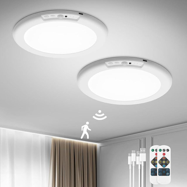 Bojim Rechargeable Ceiling Lights with Remote Wireless Battery Operated Motion Sensor Waterproof Shower Lighting, 3CCT & Dimmable Stick On Closet Overhead for Pantry Porch Renter Friendly 2 Pack