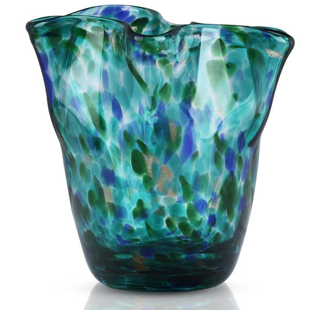Hand Blown Glass vase, Green Wide-Mouth Petal-Shaped vase, Modern Glass Art Decoration, Ideal for Living Rooms, Kitchens, Weddings, Dining Tables, and Office Centerpiece Floral Arrangements.
