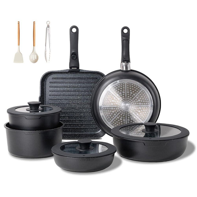 JEETEE Pots and Pans Set Non Stick 25pcs, Cookware Set with Removable Handle, Induction Kitchen Cooking Sets with Detachable Handle, RV Camping Stackable Pots Pans, Oven Safe, PFOA Free, Black