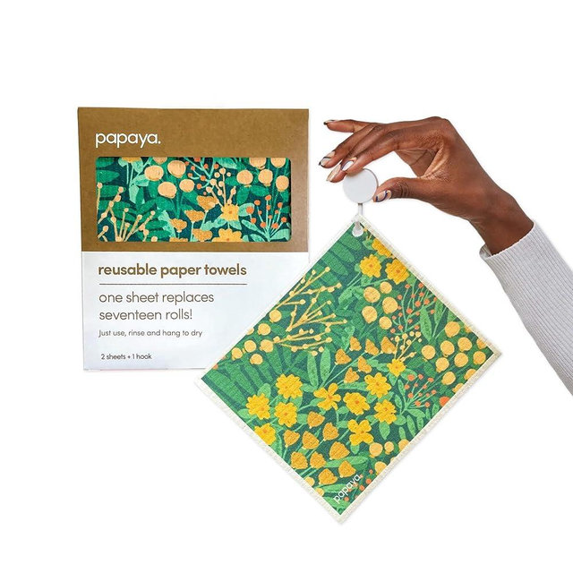 Papaya Reusable Paper Towels 2-Pack - 2 Sheets + 1 Hooks, Quick Drying, No Odor, 1 Sheet Replaces 17 Rolls, Washable Kitchen Cloth, Sustainable Dish Sponge, Eco Friendly Gift