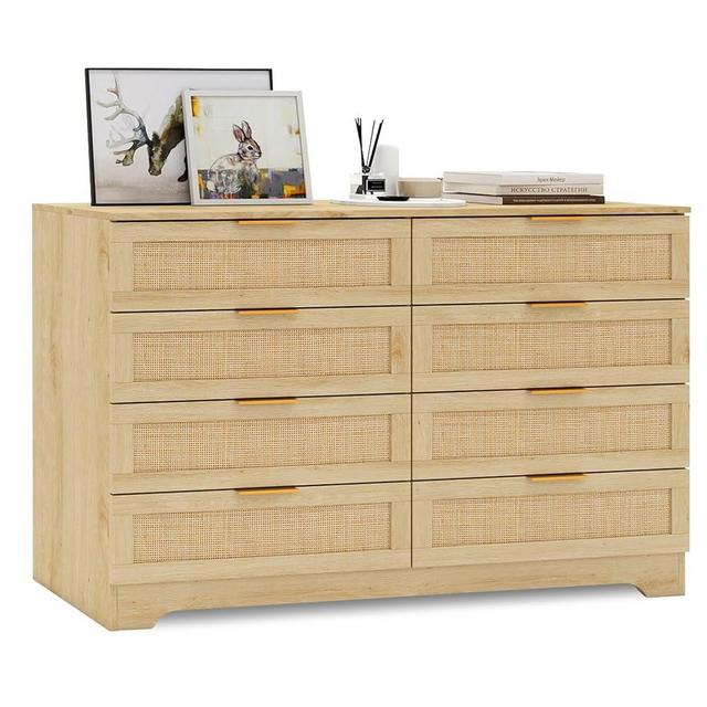 HOPUBUY 8 Drawer Dresser for Bedroom, Rattan Modern Closet Dressers Chest of Drawers, Boho Wood Double Dresser Wicker Dresser Storage Closet for Bedroom, Living Room, Entryway (Natural)