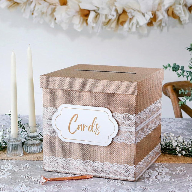 Kate Aspen Rustic Burlap & Lace Gift / Wedding Card Box, Money Box, Farmhouse Wedding Decorations For Reception - Also Perfect for Boho Baby Showers, Birthdays, Graduation
