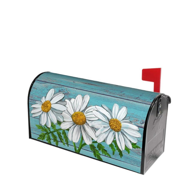 Sweetshow Summer Daisy Flowers Mailbox Cover Vintage Spring Floral Magnetic Mailbox Covers Teal Old Wood Board Mailbox Decals Large Post Letter Box Covers Garden Yard Home Decor for Outside 21" x18"