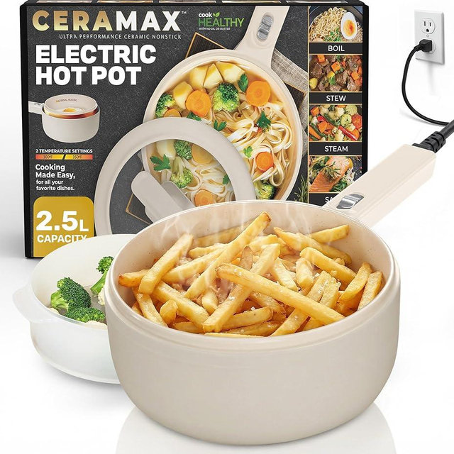 Ceramax PRO 2.5L Electric Hot Pot with Lid & Steamer, All in 1 Non Toxic Ceramic Cooker Skillet Hotpot and Deep Fryer Pot for Ramen, for Dorms, Camping, RVs, Adjustable Temp. - New Improved 2026 Model