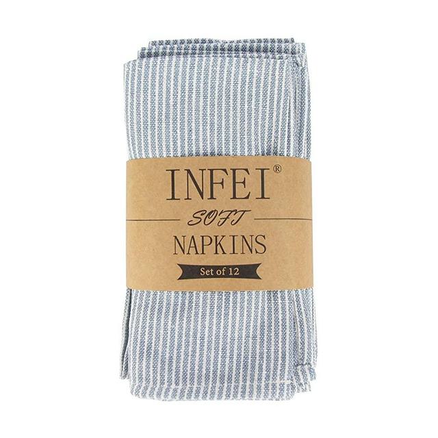INFEI Narrow Striped Linen Cotton Dinner Cloth Napkins - Set of 12 (40 x 40 cm) - for Events & Home Use (Blue)