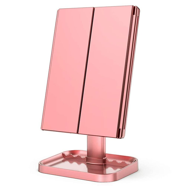 Makeup Mirror Vanity Mirror with Lights, 1x 2X 3X Magnification, Lighted Makeup Mirror, Touch Control, Trifold Makeup Mirror, Dual Power Supply, Portable LED Makeup Mirror, Women Gift (Rose Gold)