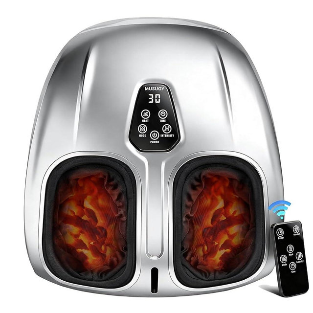 Musugy Foot Massager, Shiatsu Foot Massager Machine with Heat & Vibration & Compression for Plantar Fasciitis, Neuropathy - 5 Intensity, 4 Modes, 2 Heat, US Women’s 11, Gifts for Mother, Mom, Silver