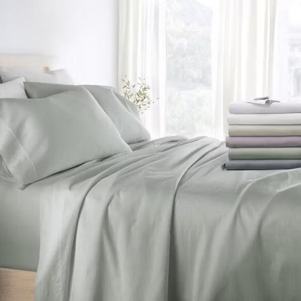 Green Mist 300 Thread Count 100% Cotton 4 Piece Solid Sheet Set Performance Sateen Weave Deep Pocket - Becky Cameron