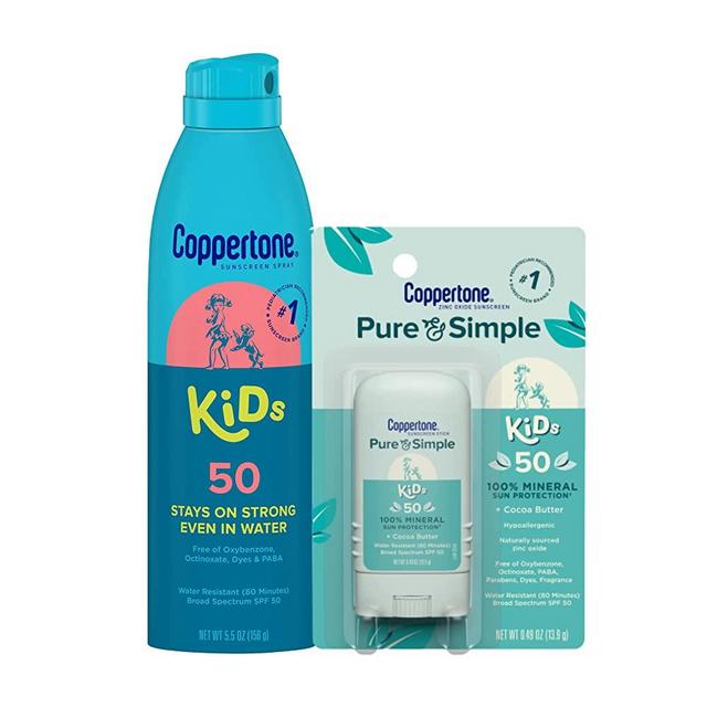 Coppertone Kids Sunscreen Spray SPF 50 + Pure and Simple Kids Sunscreen Stick SPF 50, Zinc Oxide Mineral Sunscreen, #1 Pediatrician Recommended Sunscreen Brand (5.5 Oz Spray + 0.49 Oz Stick)