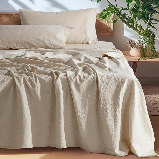 SONORO KATE 100% French Pure Linen Sheets, Breathable and Durable Line Queen Size Sheets, Anti-Tear Line Bed Sheets, Machine Washable, 16 Inch Deep Pocket - 4 Piece (Natural Linen, Queen)